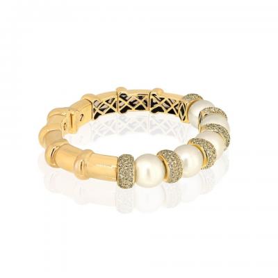  Bvlgari Bulgari BVLGARI 18K WHITE GOLD DIAMOND AND PEARL CUFF BANGLE BRACELET