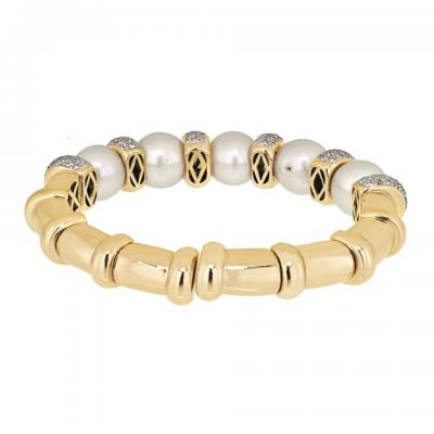  Bvlgari Bulgari BVLGARI 18K WHITE GOLD DIAMOND AND PEARL CUFF BANGLE BRACELET