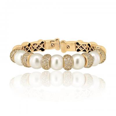  Bvlgari Bulgari BVLGARI 18K WHITE GOLD DIAMOND AND PEARL CUFF BANGLE BRACELET