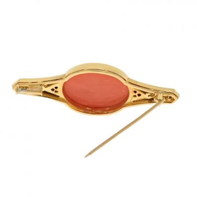  Bvlgari Bulgari BVLGARI 18K YELLOW GOLD CORAL BLACK ENAMEL AND DIAMOND BROOCH