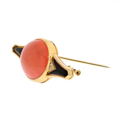  Bvlgari Bulgari BVLGARI 18K YELLOW GOLD CORAL BLACK ENAMEL AND DIAMOND BROOCH