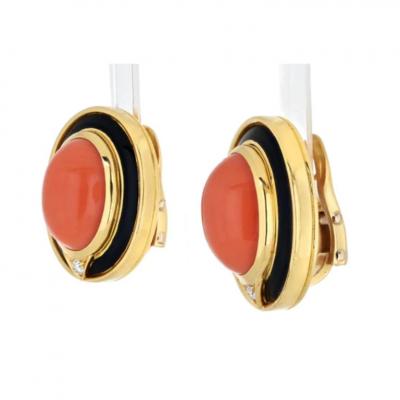  Bvlgari Bulgari BVLGARI 18K YELLOW GOLD CORAL BLACK ENAMEL ONYX EARRINGS
