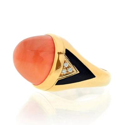  Bvlgari Bulgari BVLGARI 18K YELLOW GOLD CORAL PYRAMID BLACK ENAMEL DETAILS RING