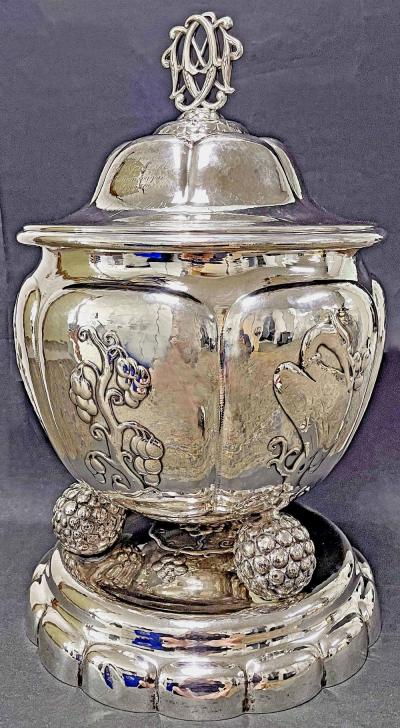  C G Hallberg Grapes Crested Birds Amazing Art Deco Sterling Silver Champagne Urn Sweden