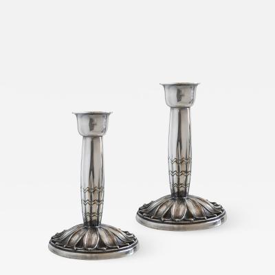  C G Hallberg Pair of Egyptian Lotus Column Candle Holders by C G Hallberg