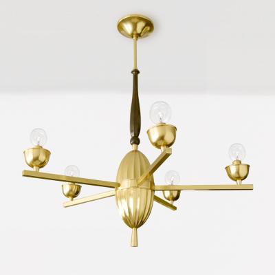  C G Hallberg SWEDISH ART DECO BRASS FIVE ARM CHANDELIER WITH OVOID FORM