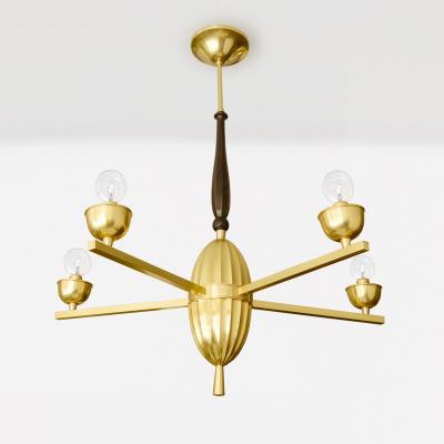  C G Hallberg SWEDISH ART DECO BRASS FIVE ARM CHANDELIER WITH OVOID FORM