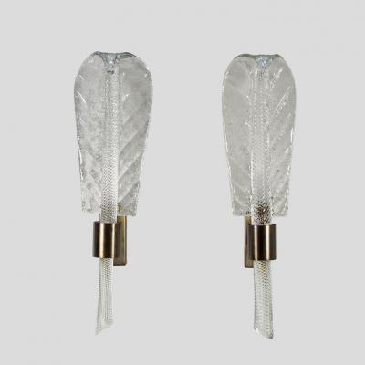  CARLO FUGA PAIR OF HAND BLOWN LARGE GLASS LEAF WALL LIGHTS BY CARLO FUGA