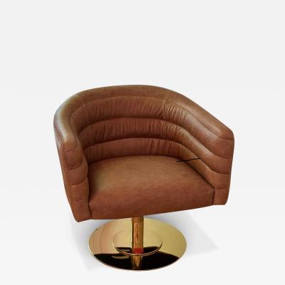  CB2 Cb2 Mid Century Modern Style Leather Barrel Swivel Chair With Gold Metal Base