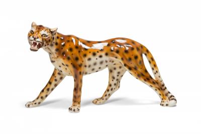  Capodimonte Italian Glazed Porcelain Striding Leopard Sculpture manner of Capodimonte 