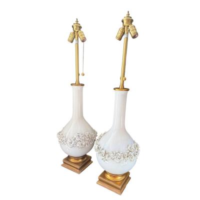  Capodimonte Pair of Mid Century Modern White Majolica Table Lamps