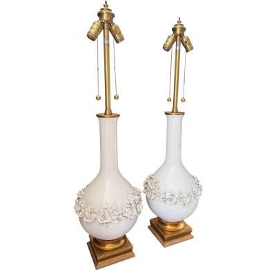  Capodimonte Pair of Mid Century Modern White Majolica Table Lamps