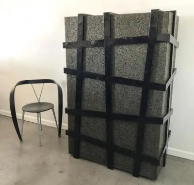  Carlo Furniture Monumental Large Black Terrazzo Stone and Black Sea Penshell Damar Cabinet