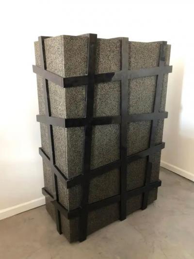  Carlo Furniture Monumental Large Black Terrazzo Stone and Black Sea Penshell Damar Cabinet