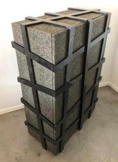  Carlo Furniture Monumental Large Black Terrazzo Stone and Black Sea Penshell Damar Cabinet