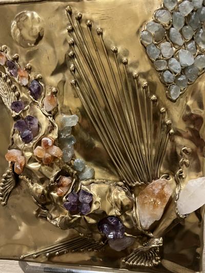 Carole Stupell Ltd BRUTALIST BRASS SCULPTURAL AMETHYST AMBER AQUA AND CLEAR QUARTZ WASTE PAPER CAN