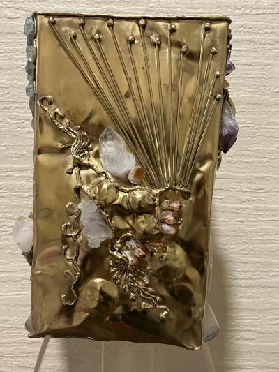 Carole Stupell Ltd BRUTALIST BRASS SCULPTURAL AMETHYST AMBER AQUA AND CLEAR QUARTZ WASTE PAPER CAN