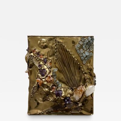  Carole Stupell Ltd BRUTALIST BRASS SCULPTURAL AMETHYST AMBER AQUA AND CLEAR QUARTZ WASTE PAPER CAN