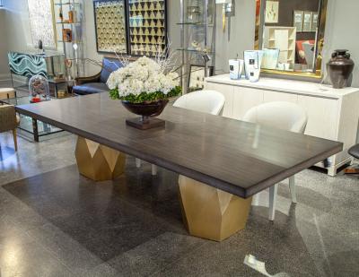  Carrocel Interiors Custom Modern Grey Dining Table with Metal Geometric Pedestals