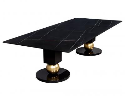  Carrocel Interiors Custom Modern Porcelain Black Dining Table with Geometric Pedestals