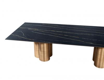  Carrocel Interiors Custom Modern Porcelain Dining Table with Antiqued Brass Clover Pedestals