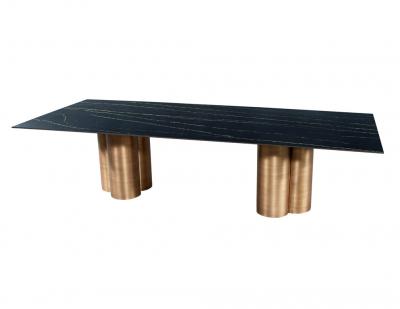  Carrocel Interiors Custom Modern Porcelain Dining Table with Antiqued Brass Clover Pedestals