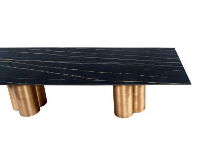  Carrocel Interiors Custom Modern Porcelain Dining Table with Antiqued Brass Clover Pedestals
