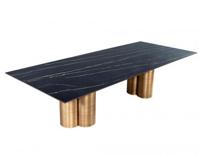  Carrocel Interiors Custom Modern Porcelain Dining Table with Antiqued Brass Clover Pedestals