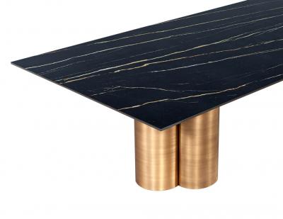  Carrocel Interiors Custom Modern Porcelain Dining Table with Antiqued Brass Clover Pedestals