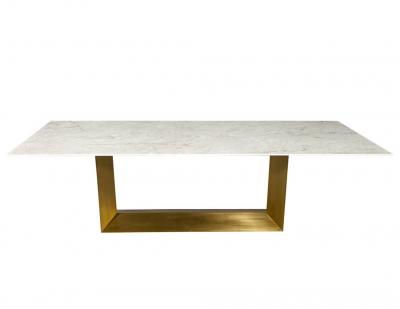  Carrocel Interiors Custom Modern Porcelain Dining Table with Crystal Ice Top and Brass Angled Base