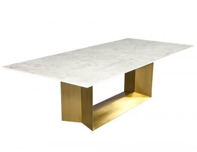  Carrocel Interiors Custom Modern Porcelain Dining Table with Crystal Ice Top and Brass Angled Base