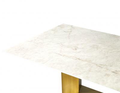  Carrocel Interiors Custom Modern Porcelain Dining Table with Crystal Ice Top and Brass Angled Base