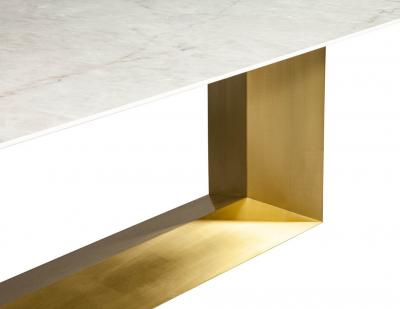  Carrocel Interiors Custom Modern Porcelain Dining Table with Crystal Ice Top and Brass Angled Base