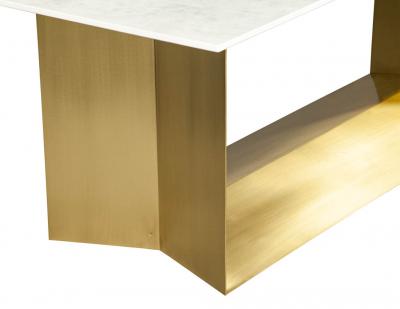  Carrocel Interiors Custom Modern Porcelain Dining Table with Crystal Ice Top and Brass Angled Base