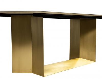  Carrocel Interiors Custom Modern Porcelain Dining Table with Crystal Ice Top and Brass Angled Base