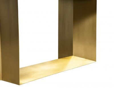  Carrocel Interiors Custom Modern Porcelain Dining Table with Crystal Ice Top and Brass Angled Base