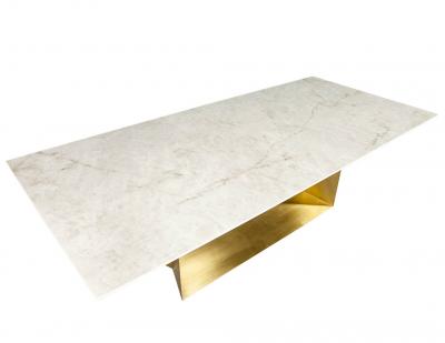  Carrocel Interiors Custom Modern Porcelain Dining Table with Crystal Ice Top and Brass Angled Base