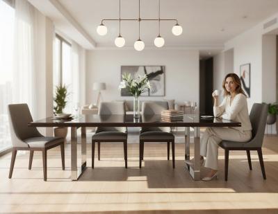  Carrocel Interiors Custom Modern Walnut Dining Table with Stainless Steel Pedestals