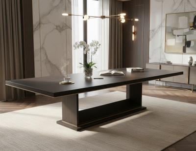  Carrocel Interiors Custom Walnut Dining Table in Grey with V Base and Brass Accents by Carrocel