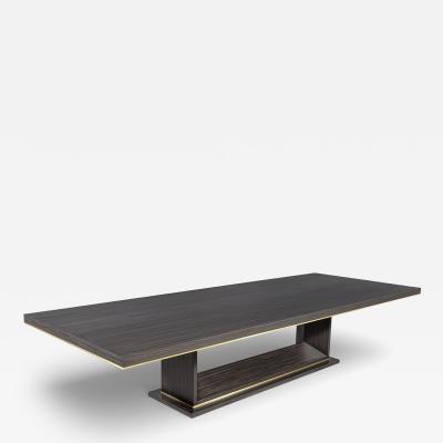  Carrocel Interiors Custom Walnut Dining Table in Grey with V Base and Brass Accents by Carrocel