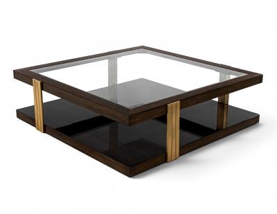  Carrocel Interiors Custom Walnut and Brass Coffee Table Art Deco Inspired Two Tier Design