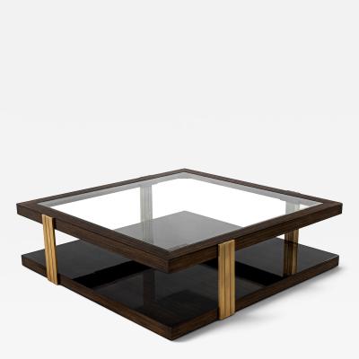  Carrocel Interiors Custom Walnut and Brass Coffee Table Art Deco Inspired Two Tier Design