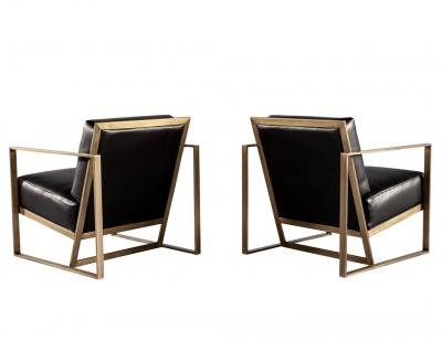 Carrocel Interiors Pair of Custom Black Leather Lounge Chairs with Antiqued Brass Metal Frames