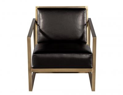  Carrocel Interiors Pair of Custom Black Leather Lounge Chairs with Antiqued Brass Metal Frames