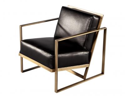  Carrocel Interiors Pair of Custom Black Leather Lounge Chairs with Antiqued Brass Metal Frames