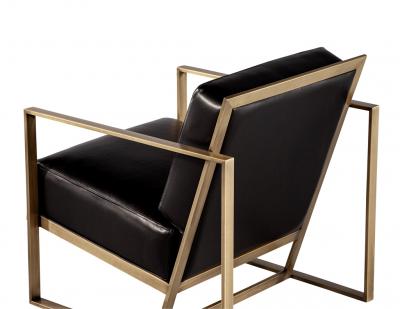  Carrocel Interiors Pair of Custom Black Leather Lounge Chairs with Antiqued Brass Metal Frames