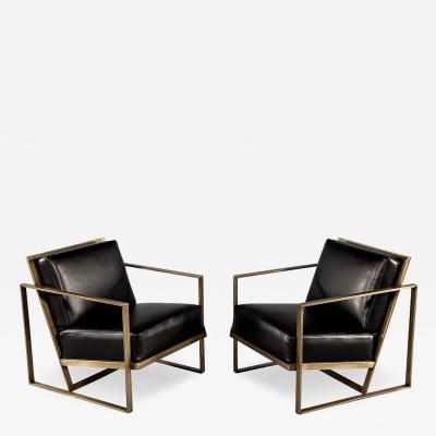  Carrocel Interiors Pair of Custom Black Leather Lounge Chairs with Antiqued Brass Metal Frames