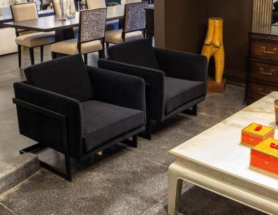  Carrocel Interiors Pair of Custom Black Velvet Lounge Chairs with Black Metal Frames by Carrocel