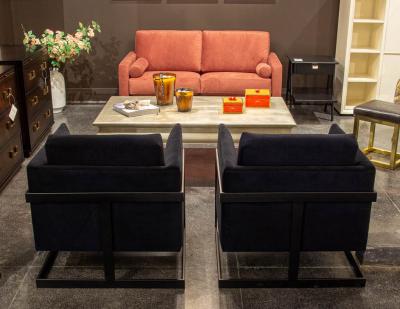  Carrocel Interiors Pair of Custom Black Velvet Lounge Chairs with Black Metal Frames by Carrocel