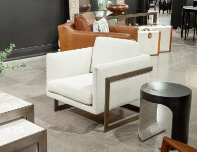  Carrocel Interiors Pair of Custom Linen Lounge Chairs with Antiqued Brass Frames by Carrocel